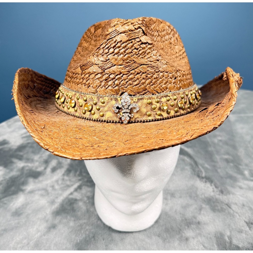 Gold Coast Straw Cowboy Hat Womens Studded Rhinestone Fleur de Lis Western